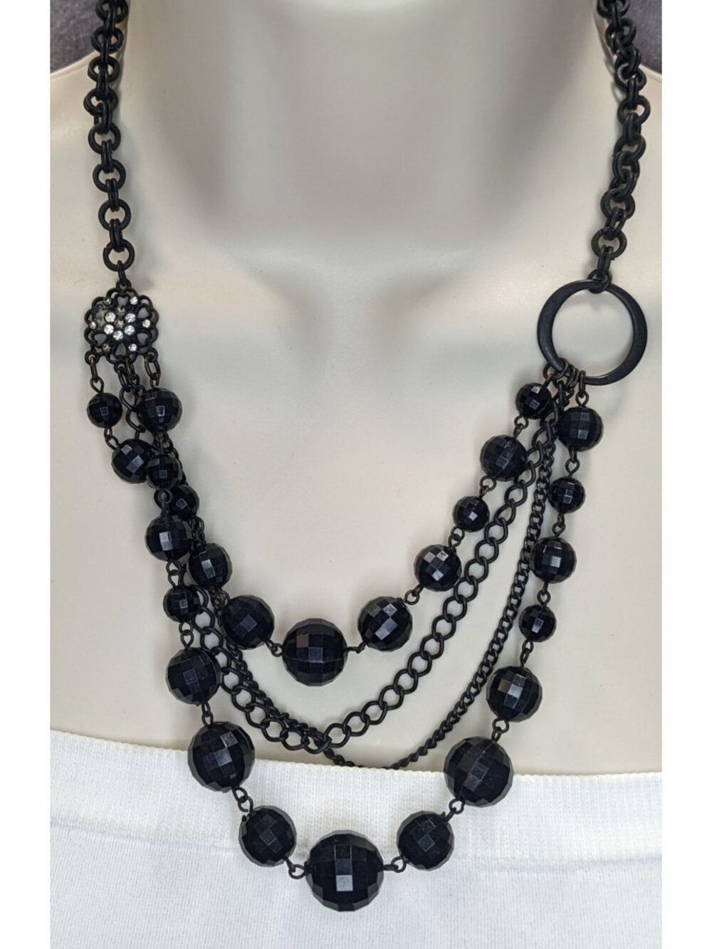 Goth Layered Black Beaded Chain Statement Necklace Rhinestone Accent
